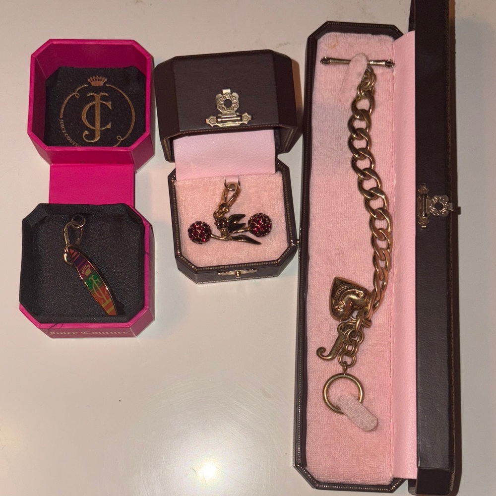 Juicy Couture Charm Bracelet with cherry and surfboard Charms